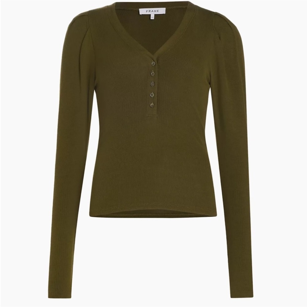 Frame Ribbed Ruched Sleeve Henley Top - Picture 2 of 7